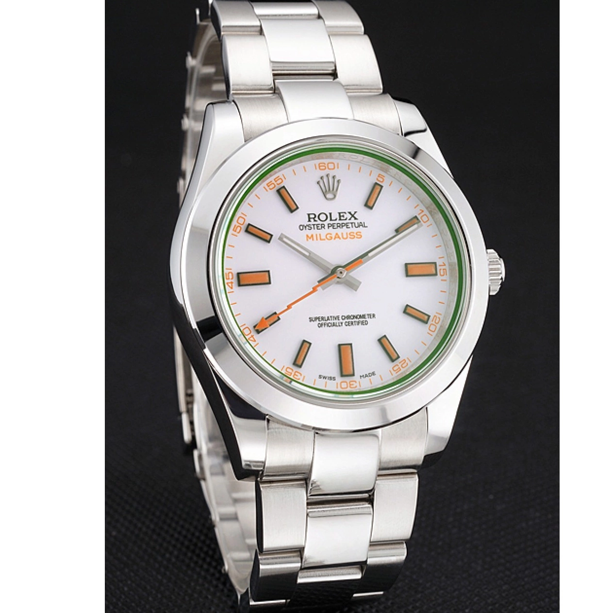 Aaa replica watch Milgauss Steel Markings Swiss Stainless Bracelet Case White Orange Dial And Rolex 0715